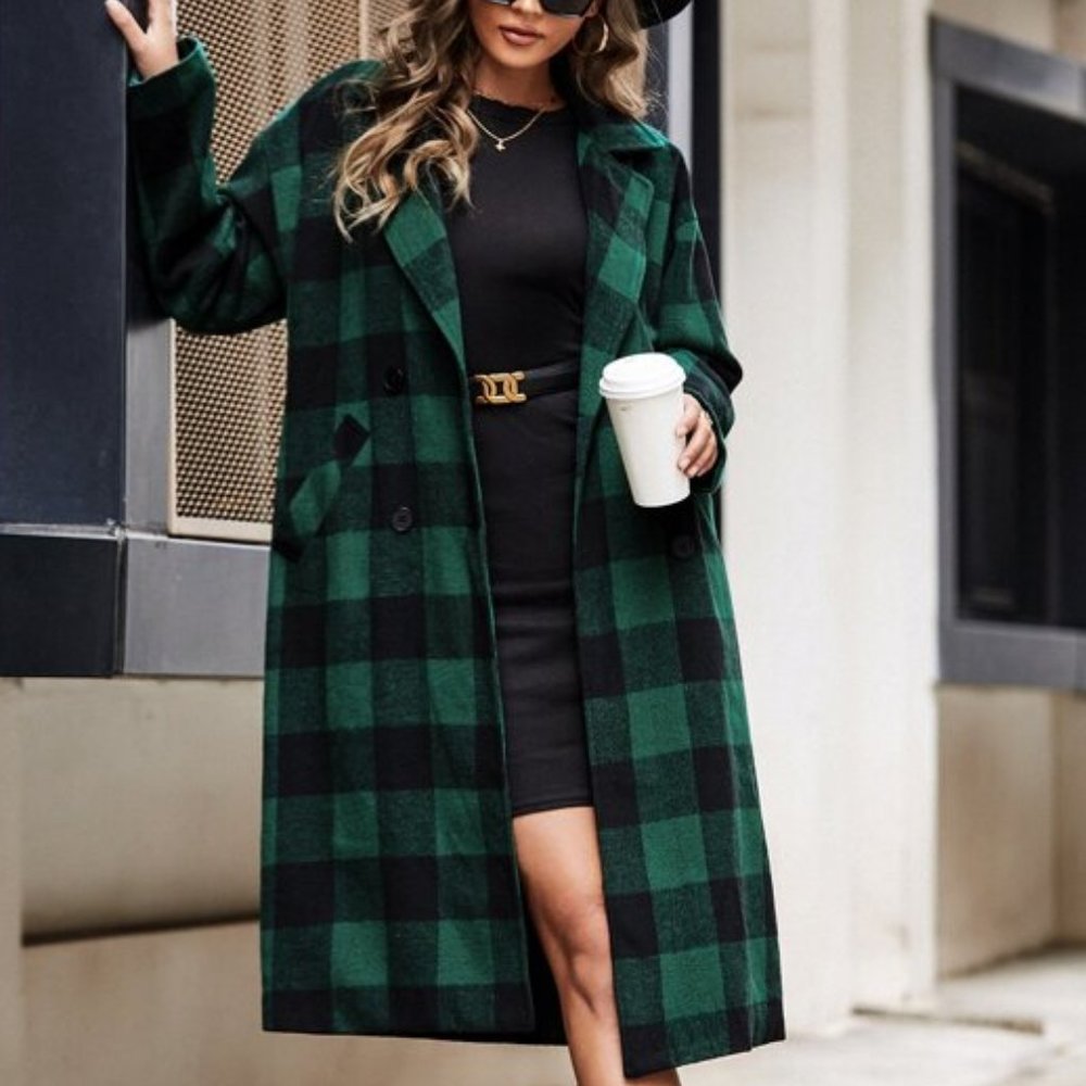 Buffalo Plaid Double Breasted Overcoat Without Bel - Picture 4 of 6
